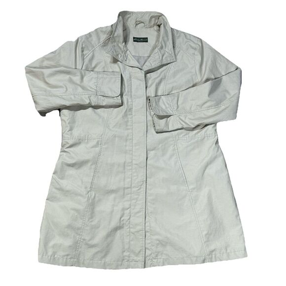 Eddie Bauer Jacket Women's Beige Rain Coat Trench Buttons Mid Length Utility - Picture 2 of 12